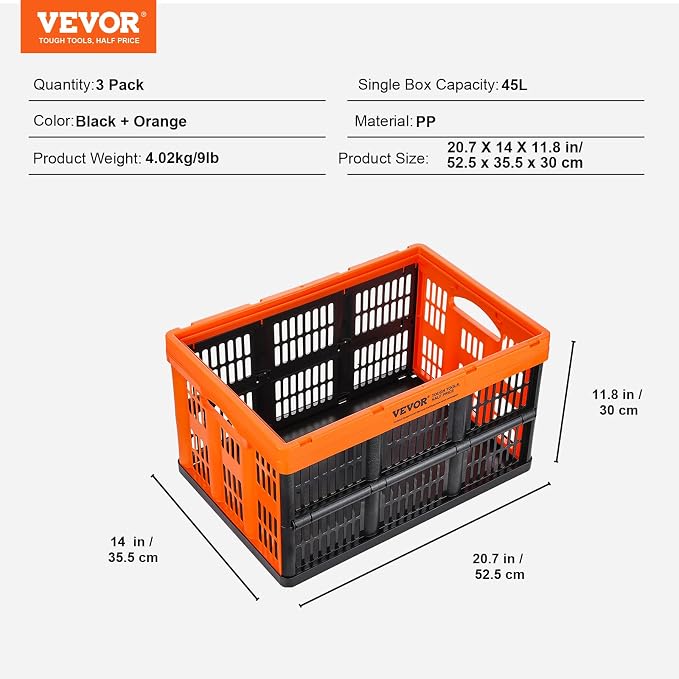VEVOR 45L Plastic Collapsible Storage Basket 3 Packs, Folding Storage Crate | For Clothes, Toys, Books, Snack and Grocery Organizing, Folding Stackable Storage Containers/Bins with Handles, PP Material