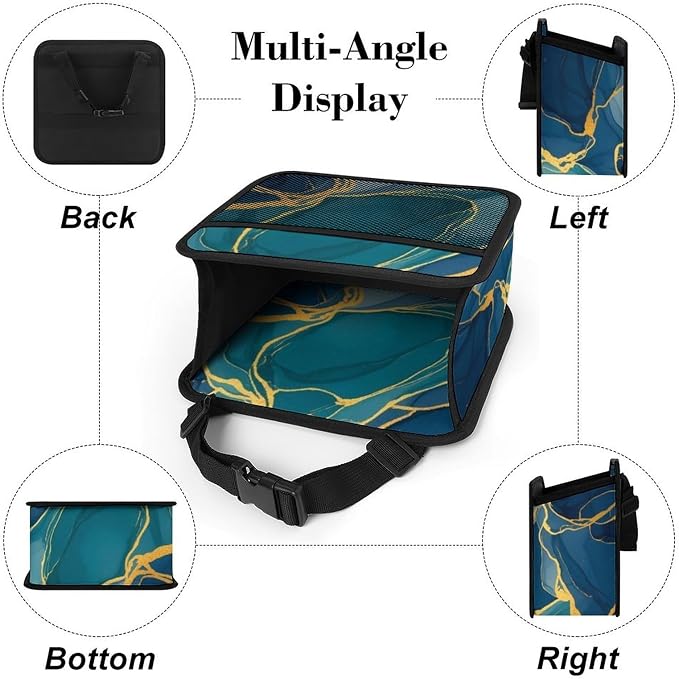 Car Back Seat Organizer Auto Headrest Backseat Storage Bag, Gold Turquoise | Green Navy Blue Wave Marble, Vehicle Trash Bag Can with Mesh Pocket, Waterproof Pu Leather Interior Accessories