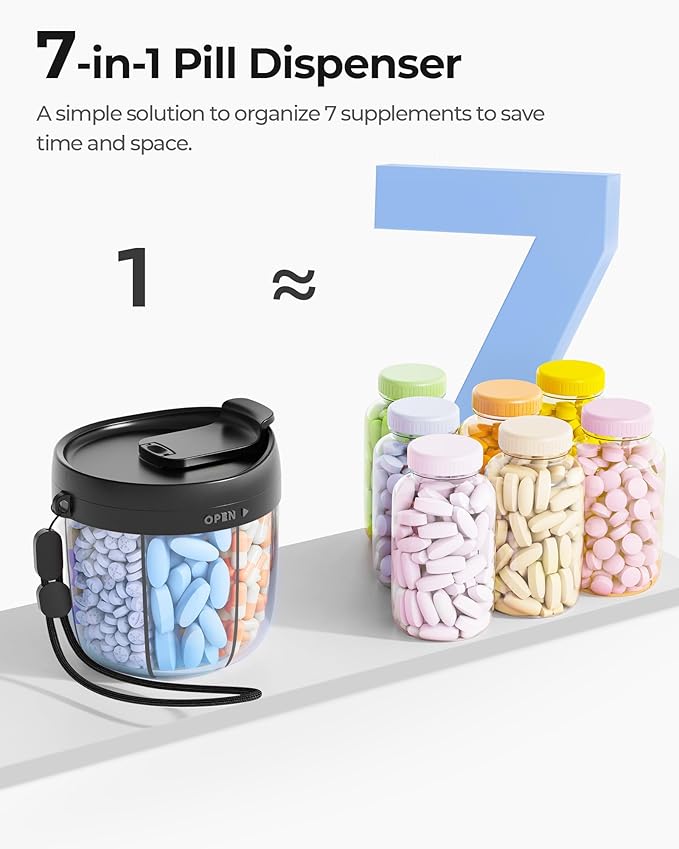 AMOOS Cute Pill Dispenser with Anti-Mix Design, 7-Slot, BPA-Free, Patented | Portable Travel Pill Organizer, Wide Mouth for Easy Access, Pill Bottle Organizer for Vitamins, Fish Oils, Supplements, Black