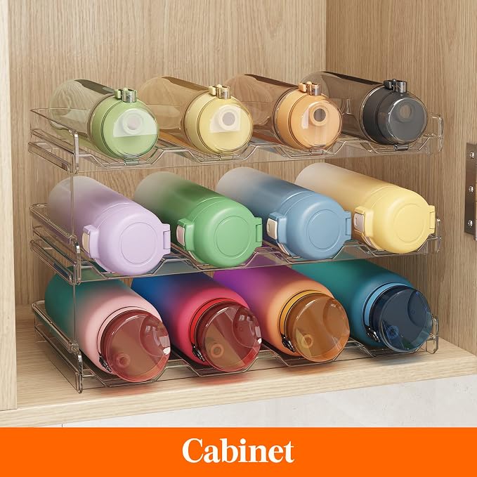 Lifewit Stackable Water Bottle Organizer for Cabinet, Clear Tumbler Holder | Large Slot for Up to 32 oz Cups, Plastic Wine Rack for Fridge, Pantry, Kitchen Organization & Storage, 3-Tier Holds 12 Bottle