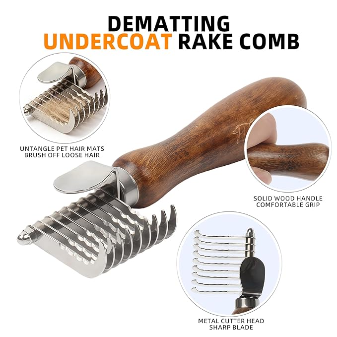 Dog Dematting Comb with Wooden Handle Stainless Steel Safety Blades Dog Dematting Fur Rake Brush Pet Grooming Tool for Long Haired Dogs&Cats Remove Loose Hair Undercoat Mats Knots Tangles