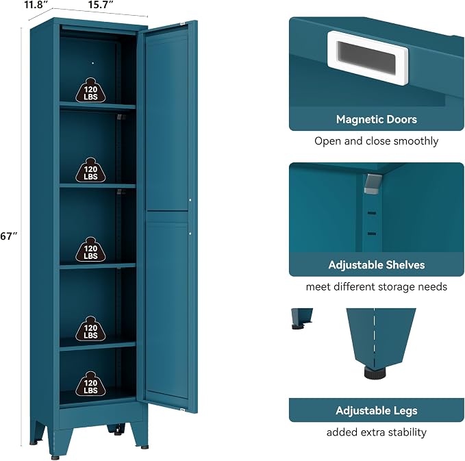 YAUWOH White Narrow Metal Storage Cabinet, Tall Freestanding Cabinet with 4 Adjustable Shelves & Barn Doors, Pantry Organizer for Bathroom Kitchen Home Office Dining Room（1PC,Blue