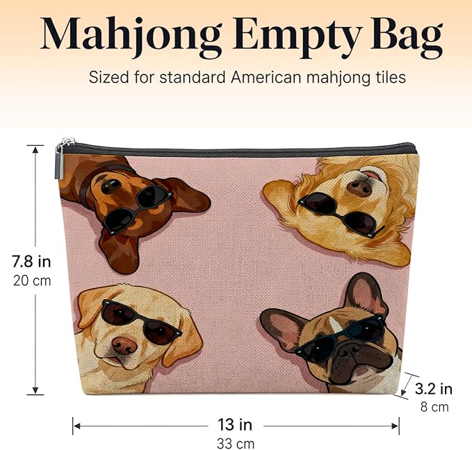 Funny Dog Lover Gifts Empty Mahjong Tile Bag 13x7.8 Inch | Pink Dog Printed Portable Travel Case Organizer Zipper Pouch for American Mahjong Tiles Game Night Accessories and Gifts