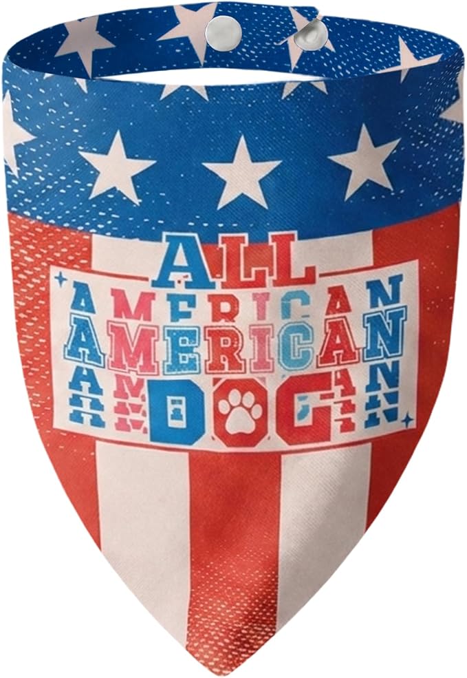 4th of July Dog Bandana, 2-in-1 Vintage American Flag with Fun Slogan Reversible American Flag Triangle Scarf, Adjustable Snap Button Patriotic Neckwear for Giant Breeds 75lbs+