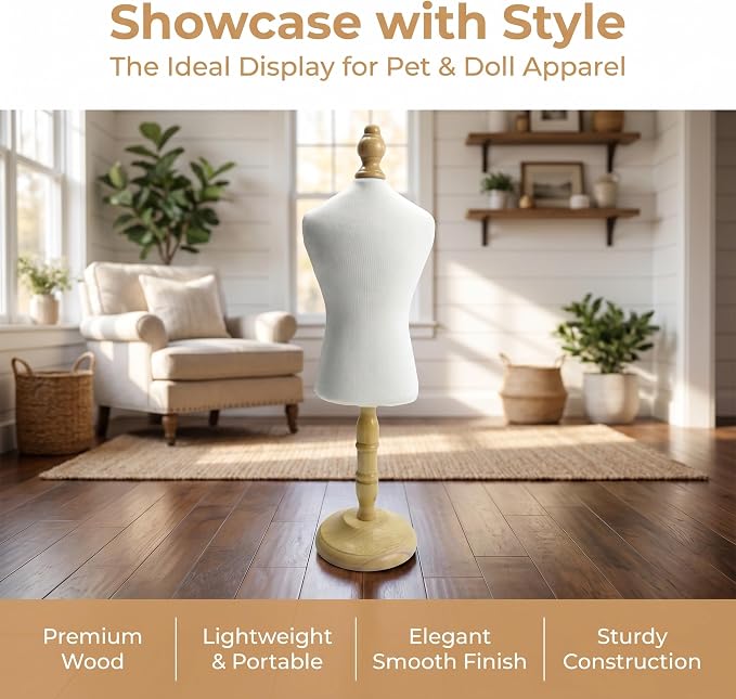 Cat Dog Clothes Mannequin Dress Form Display Stand, Wooden Torso with Base for Pet Apparel Design, Doll Outfits and Jewelry Display, Size M
