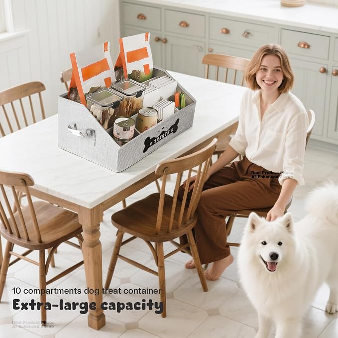 Dog Treat Container, Dogs Storage Organizer with Removable Dividers, Collapsible Dogs Treat Holder for Countertop, Trapezoid Pet Treats Containers, Dog Toy Basket with PU Handles, Large, Gray