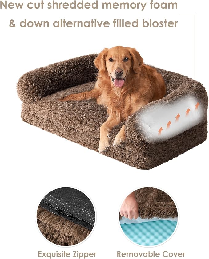 EHEYCIGA Foldable XXL Dog Bed for Large Sized Dog - 54x38x7.5, Brown | Faux Fur Fluffy Pet Couch Bed, Orthopedic Calming Memory Foam Big Pet Bed, Washable Pet Sofa Bed with Non-Slip Bottom
