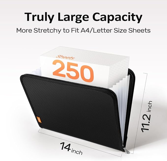 Sooez 7 Pockets Accordion File Organizer, Zipper Expanding File Folder A4 | Reinforced Plastic Accordion Folder Organizer, A4 Letter Size, Portable Folders for Documents, School Office Supplies, Green