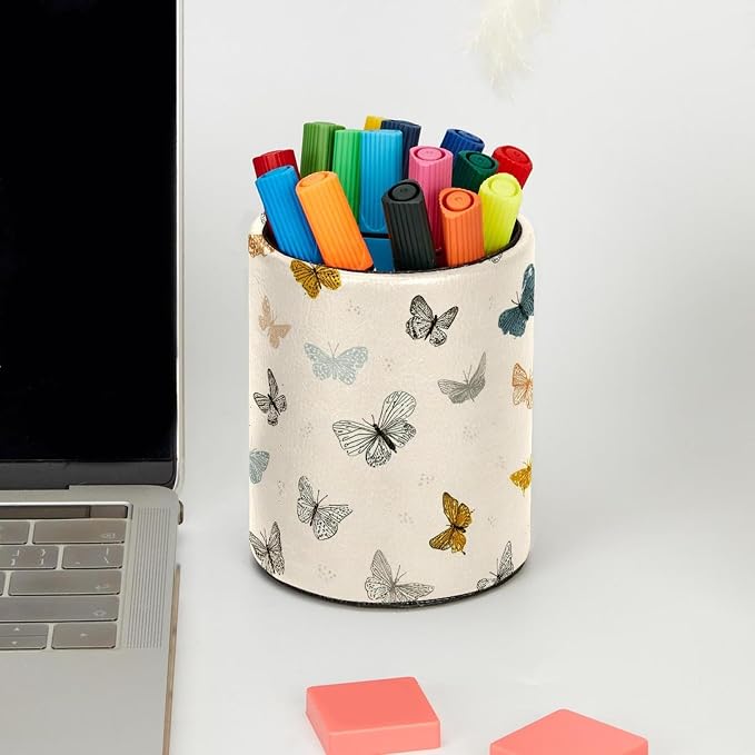 Faux Leather Pen Holder for Desk, Pencil Organizer Butterfly Pen Cup Desk Decor Makeup Brush Holder Storage for Office Home