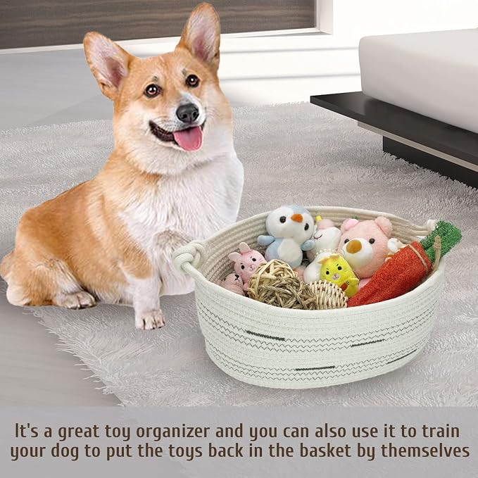 Fhiny Cotton Rope Dog Toy Basket with Handle Puppy Toys Storage Bin Small Woven Rectangle Diapers Pet Kitty Bed Perfect for Carry Pet Chew Toys Blankets Leashes Doggie Stuff - Beige L