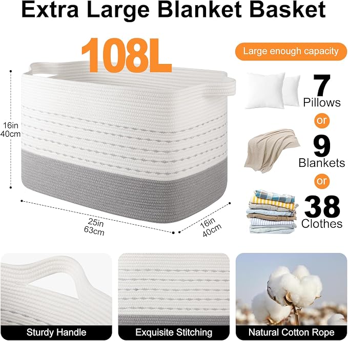 OIAHOMY 108L Extra Large Blanket Basket, 25”x16”x16” Rectangle Woven Cotton Rope Baskets for Living Room, Toy Storage with Handle- Gradient Grey