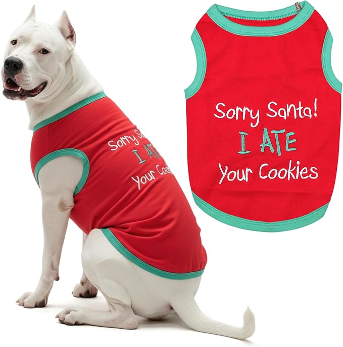 Parisian Pet Dog Tshirt - Embroidered “ Sorry Santa I Ate Your Cookies “ Dog Shirt - Lightweight Cotton Puppy Christmas Outfit - Sleeveless Christmas Pet Clothes - Shirts for Large Dogs - 4XL