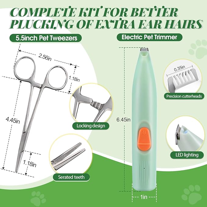 Dog Ear Powder Hair Removal Kit–Safe Grooming Set with 30g Ear Powder, LED Silent Trimmer & 5.5in Tweezers All-in-One Ear Care Solution for Dogs &Cats,Odor Control & Hygiene Support, Home Grooming Kit