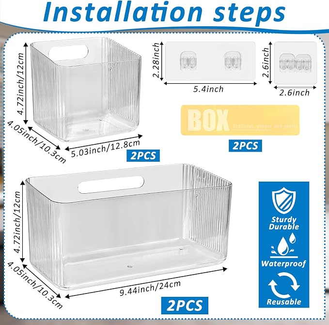4 PCS 2 Size Plastic Adhesive Mount Over Cabinet Door Organizer, Under Sink Door Storage Shelf Refrigerator Side Storage Box, Wall Organization Container for Kitchen Bathroom Office