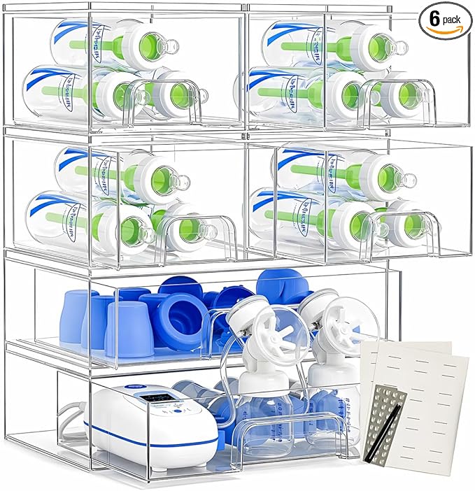 6-Pack Stackable Storage Drawers with Labels - Clear PET Pull-Out Organizer Bins for Pantry, Bathroom, Vanity, Cabinet, Countertop | Baby Bottle Organizer