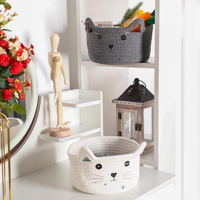 Zopeal Cat Storage Basket Woven Organizer with Ears Decorative Gift Cute Cotton Rope Pet Toy Basket for Gift Cat Dog Toy Bin Nursery Room(8.3 x 4.7 Inch,Gray)
