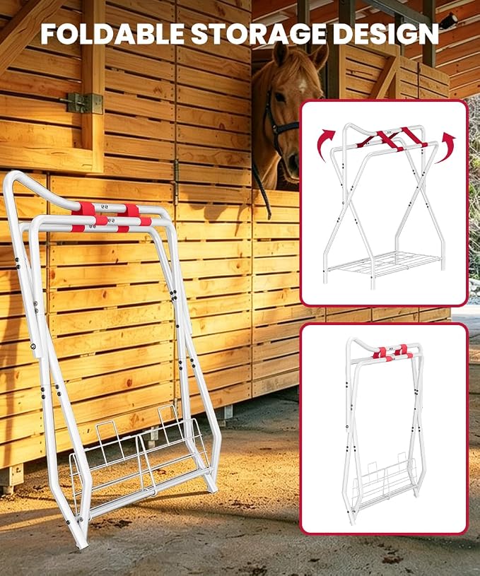 Portable Saddle Rack for English and Western Saddles, Folding Horse Saddle Stand with Bottom Storage for Horse Stable Equipment, Saddle Pad Rack, White | Portable, High-grade Steel