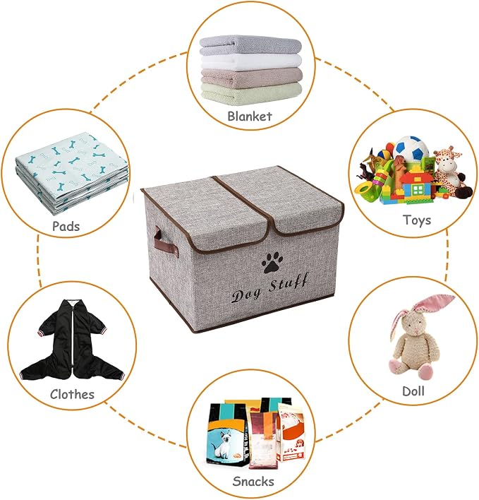 Large Storage Boxes - Linen Fabric Foldable Cubes Bin Containers With Lid and Handles for Dog Apparel, Accessories, Coats, Toys, and Clothing (Grey)