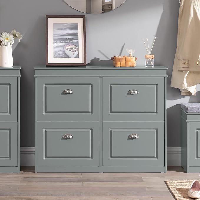 Haotian Shoe Storage Cabinet with 4 Flip Drawers | Freestanding Shoe Rack, Shoe Storage Cupboard Organizer for Entryway(FSR79-HG, Grey)