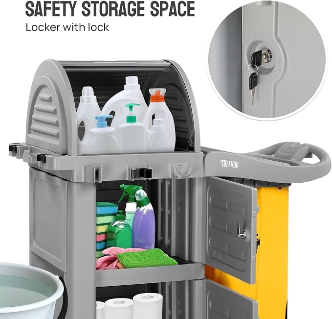TUFFIOM Janitorial Cart on Wheels, 3 Shelf Commercial Cleaning Cart with Key Locking-Cabinet, Grey Housekeeping Cart with Locker and Cleaning Bag, for Hotel, Business, Office, Stadium Use