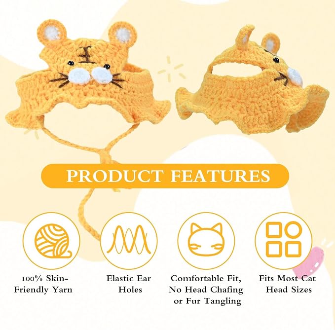 Tiger Cat Hat, Cotton & Soft Cute Knitted Hats for Cats Birthday Party Spring Puppy Hat for Small Pets (Yellow, M)