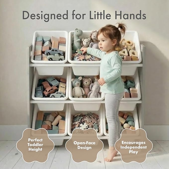 Humble Crew Kids Toy Organizer with 9 Bins, 3 Tier Storage for Playroom | Sturdy wood and steel toddler shelf, removable BPA-free containers, wall anchor anti-tip safety kit for bedroom or classroom