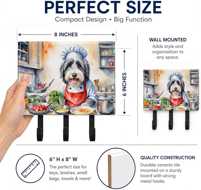 Caroline's Treasures Bearded Collie The Chef Leash or Key Holder Wall Hooks, Key Hooks Holder, Coat Rack Wall Mount, Coat Hooks, Hooks for Hanging Keys, Towels, Aprons, Leashes | Bearded Collie The Chef artwork on ceramic tile with three steel hooks fo...