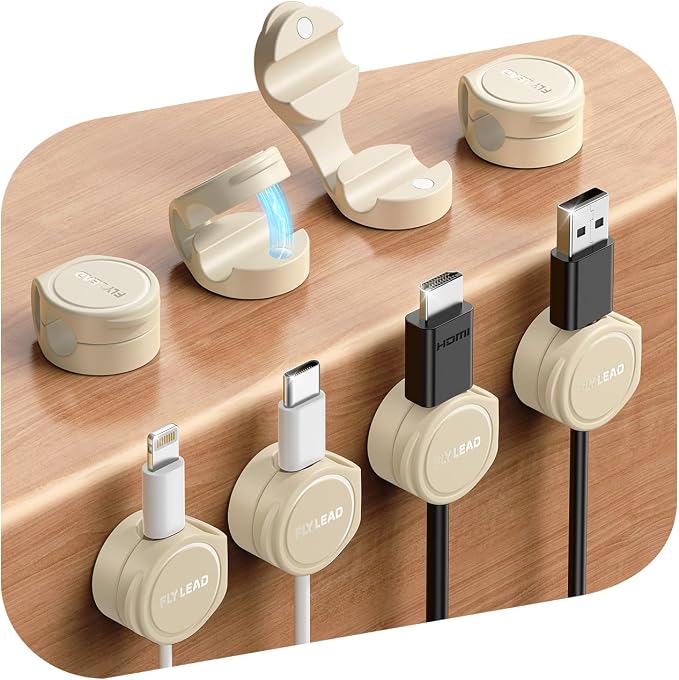 FLYLEAD 8-Pack Silicone Cord Organizer Magnetic Cable Clips, Adhesive | Resilient Yet Soft Rubber Cord Management Holder for Home Office Desk Accessories, Nightstand Phone Charger Wire Organization