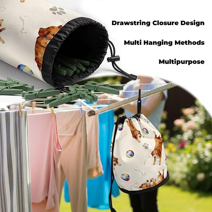Clothespin Bag Organizer Drawstring, Puppy Pet Toy Laundry Peg Storage Pouch with Button Hanger, Portable Clips Holder for Drying Rack, Camping, Beach & Home