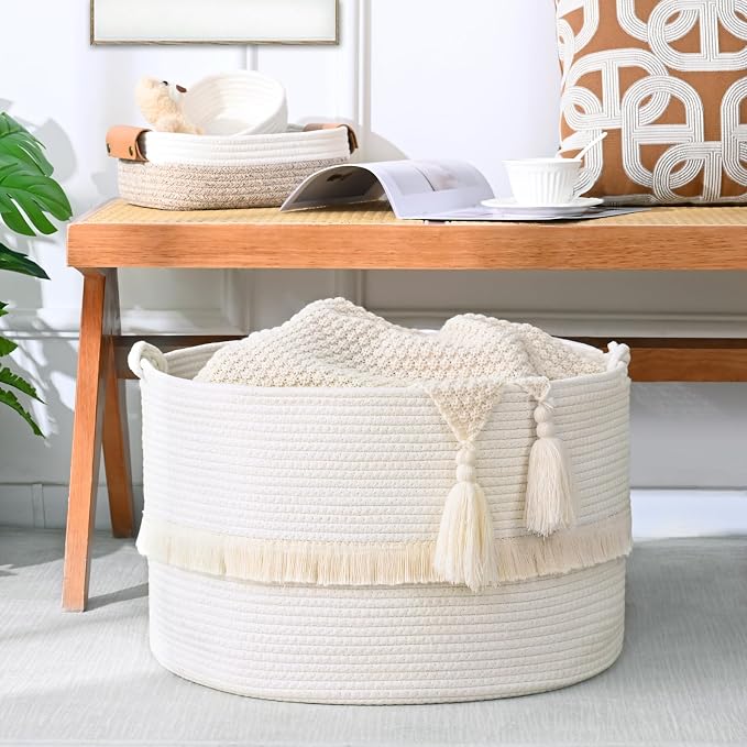 67L Large Blanket Basket, 20"x13" Woven Storage Baskets With Handle, Cotton Rope Blanket Basket Living Room, Baby Laundry hamper for Blanket, Nursery, Toy, Pillow (White)