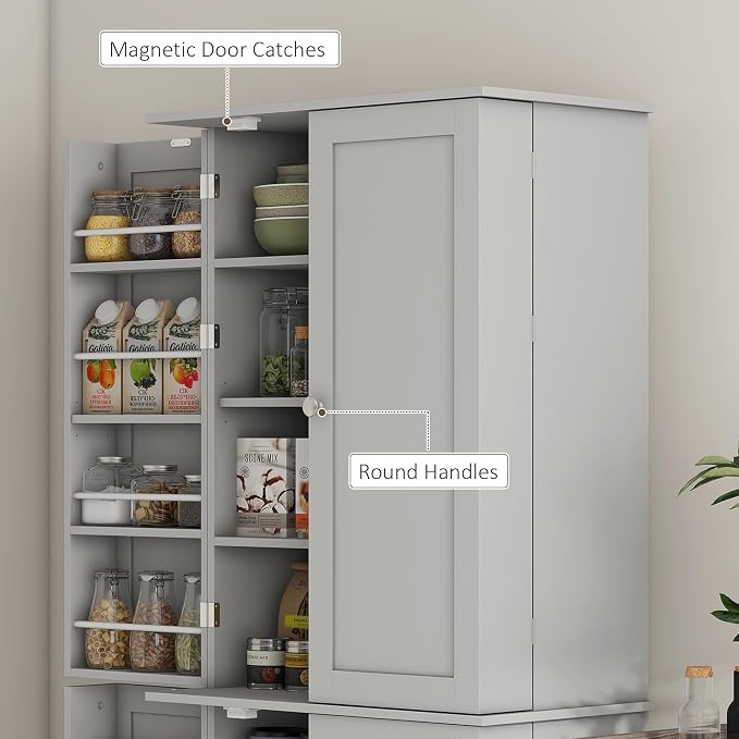 HOMCOM 65" Kitchen Pantry Storage Cabinet 16 Door Shelves Gray | Freestanding Kitchen Cabinet, 4 Doors, 8-Tier Shelving, Adjustable Shelves