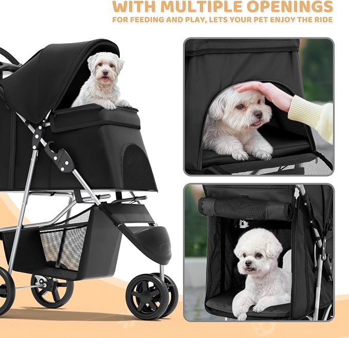 Magshion 3-Wheel Pet Stroller for Small/Medium Dog Cat, Up to 33lbs, Black | Foldable Travel Jogger w/ Breathable Mesh Cover, Lightweight Design, Safety Tethers, Cup Holder & Storage Basket