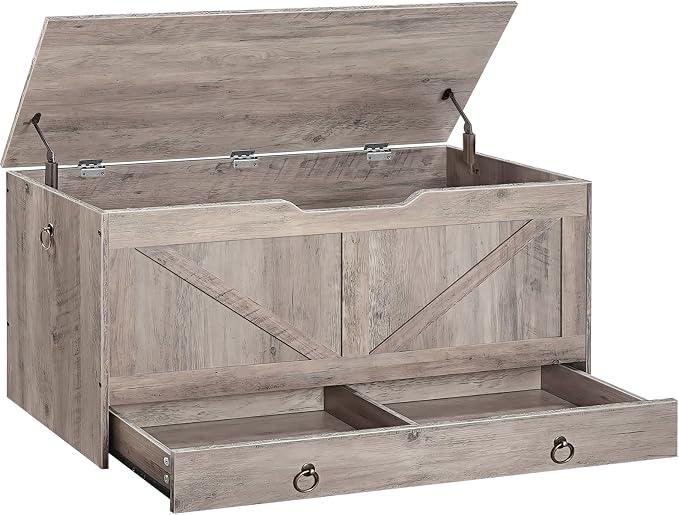 HOOBRO Storage Chest, 39.3" Toy Chest with Drawer, Wooden Storage Bench, Sturdy Entryway Bench Supports 220 lb, Safety Hinge, U-Shaped Opening, Easy Assembly, Greige BG710CW01G2