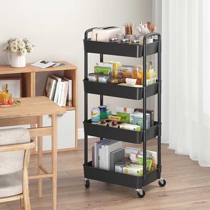 Sywhitta 4-Tier Plastic Rolling Utility Cart with Wheels for Storage, Black | Multi-Functional Storage Trolley, for Office, Living Room, Kitchen, Bathroom,Movable Organizer,Space-Saving,Easy to assemble