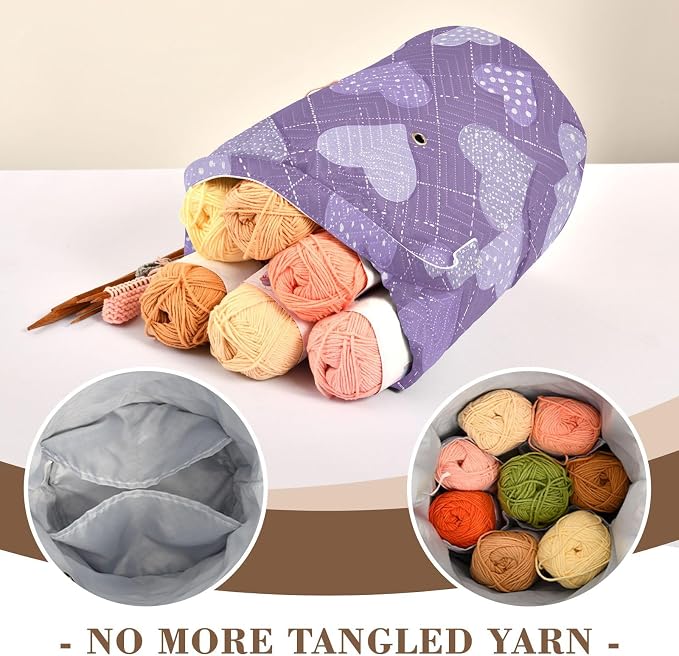 Tatenale Crochet Bag Yarn Bag Knitting Project Bag with Pockets and Handle Portable Yarn Storage Organizer Tangle Free 8.3x11 Inch Lavender Romantic Hearts Valentines Gifts