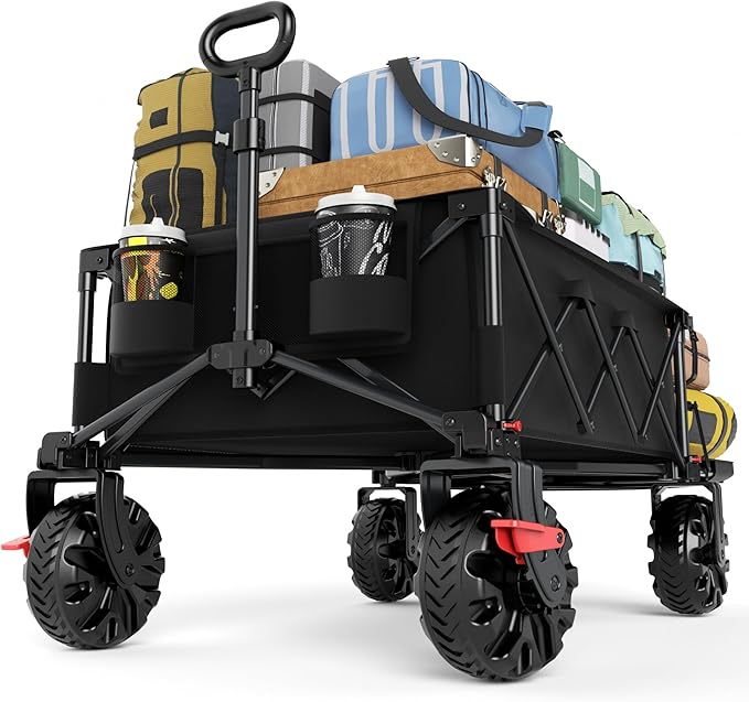 TIMBER RIDGE 600L Beast Wagon 26" W Extra Wide All Terrain Folding w/Big Wheels, Cargo Net & Tailgate, 400lbs Heavy Duty Portable Cart 54.5" L Large Collapsible Wagons for Camping, Sports, Dogs, Black