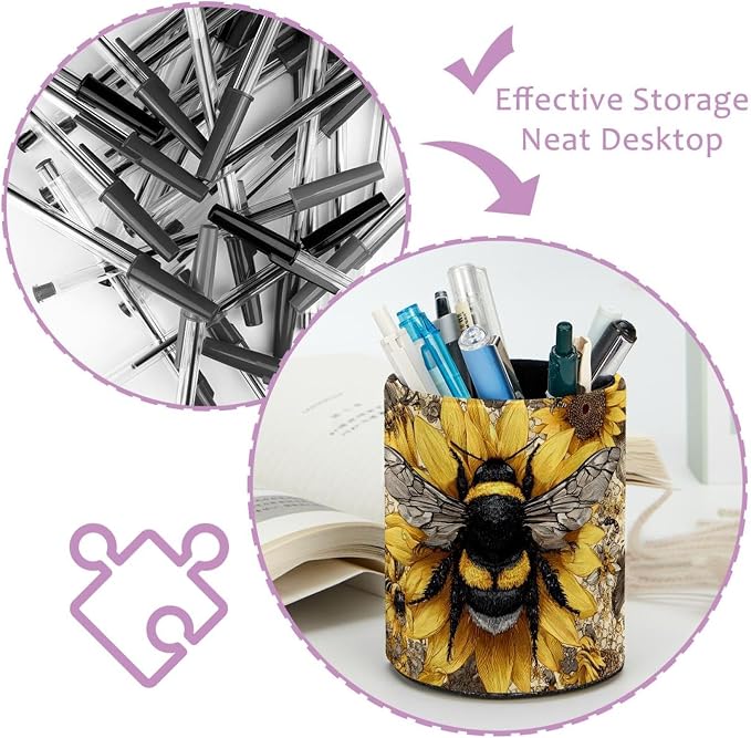 Faux Leather Pen Holder for Desk, Pencil Organizer Bees and Sunflowers Pen Cup Desk Decor Makeup Brush Holder Storage for Office Home