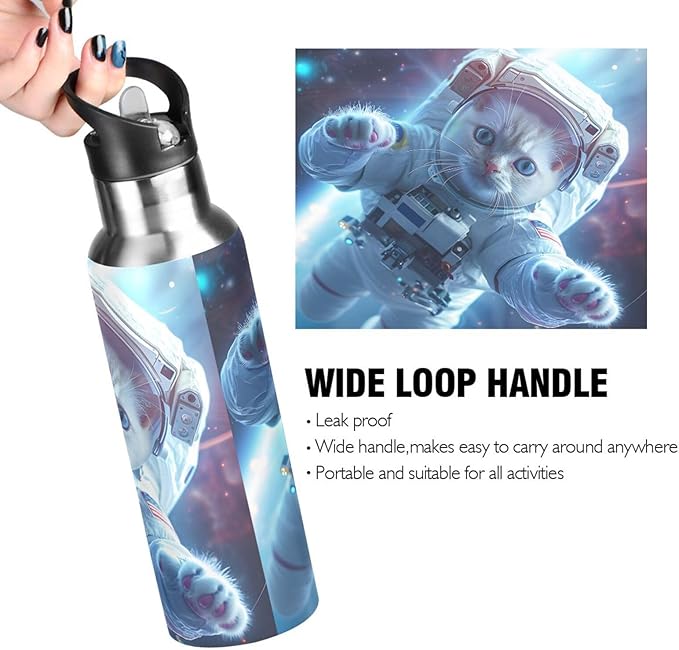 Astronaut Cat in Space Water Bottle with Straw Lid Kids Insulated Stainless Steel Water Flask Sports, 20 Oz Hot Cold
