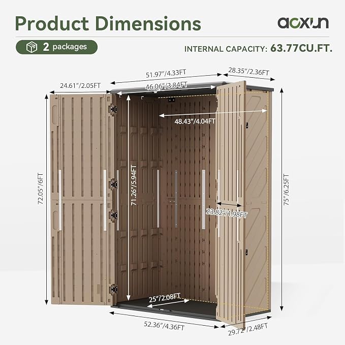 Aoxun Outdoor Storage Shed, 64 Cu.Ft Vertical Storage Sheds, Brown | Outdoor Waterproof Storage Cabinet for Garage Storage, Resin Sheds Outdoor with Floor