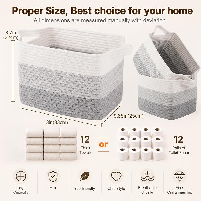 OIAHOMY Storage Basket, Woven Baskets for Storage, Cotton Rope Basket for toys,Towel Baskets for Bathroom - Pack of 3, Gradient Gray