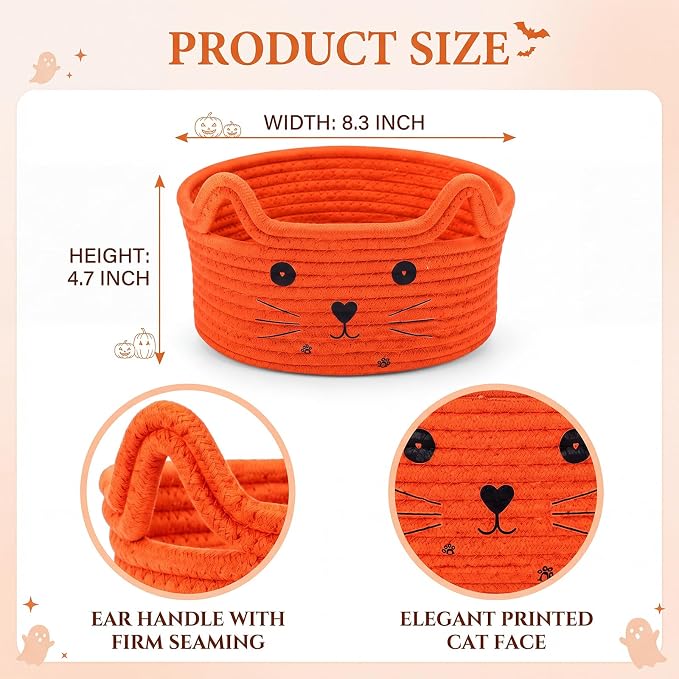 Zopeal Cat Storage Basket Woven Organizer with Ears Decorative Gift Cute Cotton Rope Pet Toy Basket for Gift Cat Dog Toy Bin Nursery Room(8.3 x 4.7 Inch,Orange) | Cute Cotton Rope Organizer with Handles for Toy Box, Nursery Decor, Decorative Bin, Pet S...