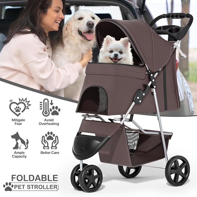 MoNiBloom Pet Stroller for Small/Medium Dogs and Cats up to 33 lbs, Coffee | Foldable Dog Stroller 3 Wheels Pet Strolling Cart w/ Storage Basket Cup Holder, Breathable and Visible Mesh for All-Season