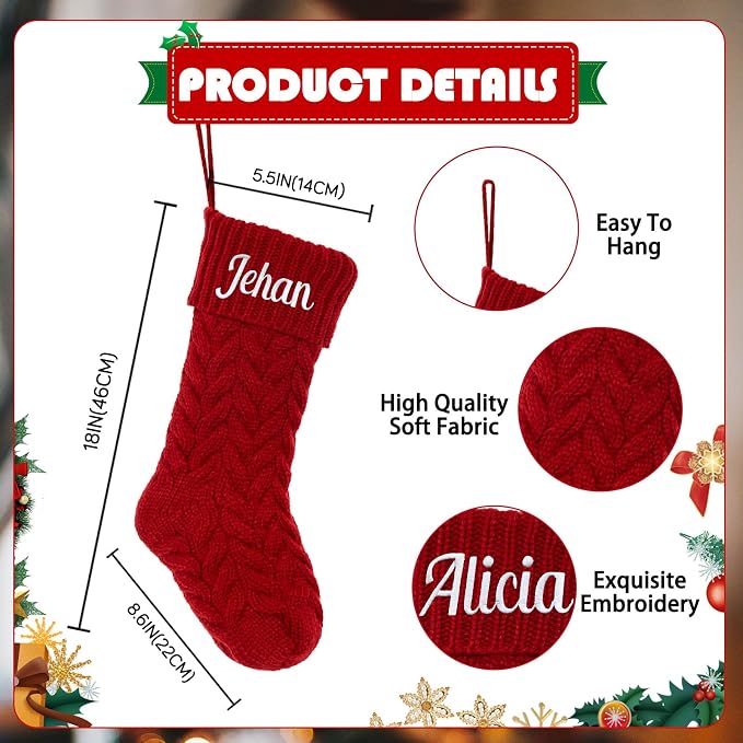Personalized Christmas Stocking Large Custom Knitted Embroidered Name Xmas Stocking for Family Kids Pets Fireplace Party Decor