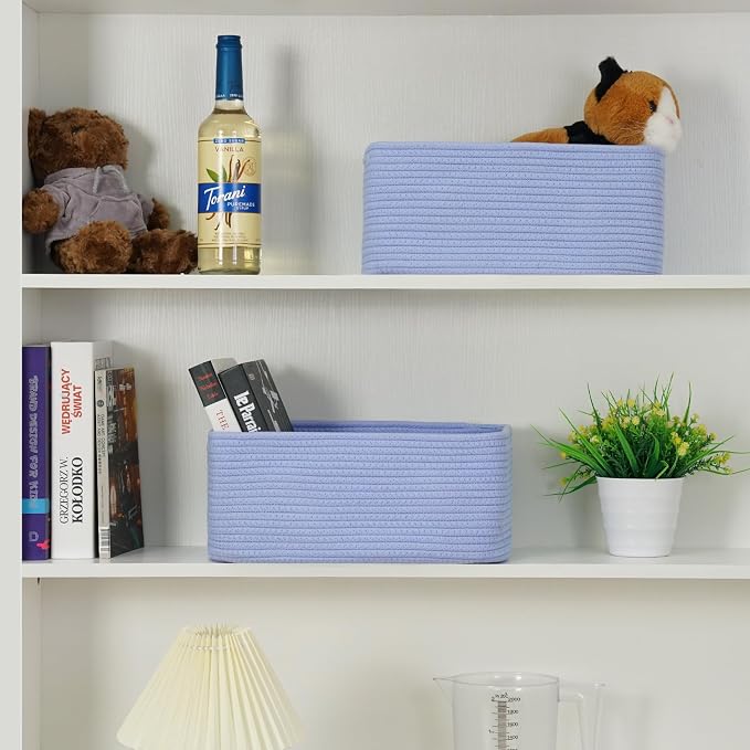 3 Pack Storage Baskets for Organizing, 13.7×9.5×6.3", Sky Blue | Woven Baskets for Shelves, Cotton Rope Basket for Gifts Empty, Closet Organizer Bins with Handles, Cube Decorative Box