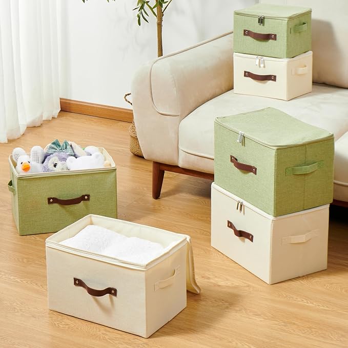 2PCS Storage Bins with Zipper Lids Decorative Lidded Basket Box | Clothes Container, Closet Shelf Organizer, Foldable Washable, Cotton Linen Fabric, w/ PU Leather Handles, Green, Small