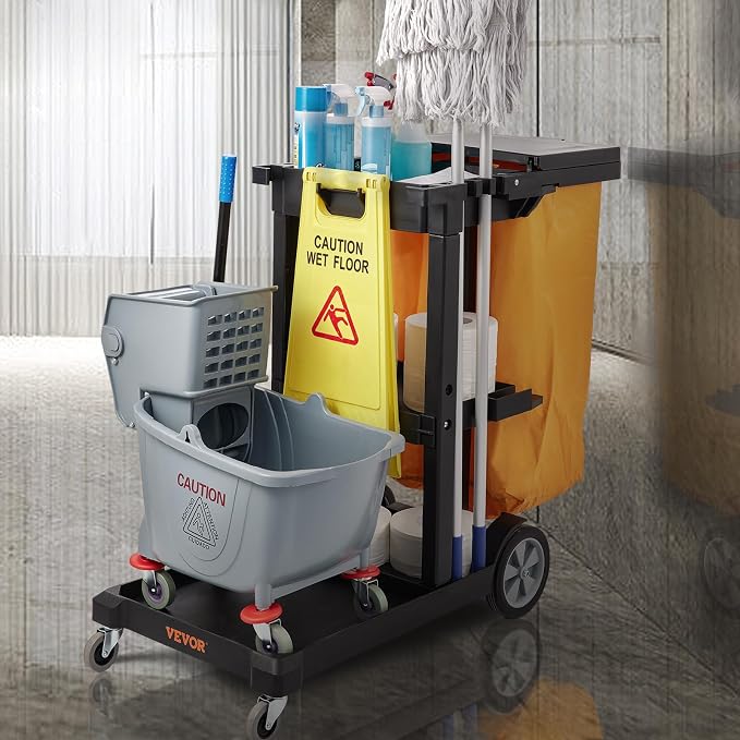 VEVOR Cleaning Cart, 3-Shelf Commercial Janitorial Cart, 200 lbs Capacity Plastic Housekeeping Cart, with 25 Gallon PVC Bag and Cover, 47 x 20 x 38.6in, Yellow&Black