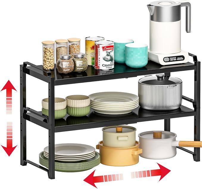 X-cosrack 12" Wide 100LBS Loading-Bearing Heavy Duty Kitchen Storage Shelf, Expandable Cabinet Shelf Organizer, Stackable Adjustable Storage Shelves for Kitchen Cabinet Cupboard Pantry Counter