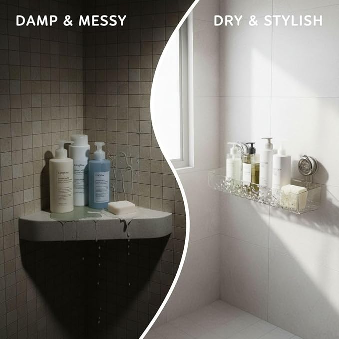 Suction Cup Shower Storage Shelf, No-Drill Wall Mounted Bathroom Organizer with 4 Hooks, 15 in Glacier Transparent Storage Holder, Reusable Storage Rack, Holds 22 lbs for Shower Wall