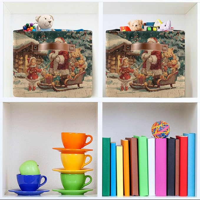 White Christmas Santa Claus Pattern Rectangular Storage Bin Basket with Handles - Organizer Bin for Clothes Books Laundry Basket for Pets Playroom