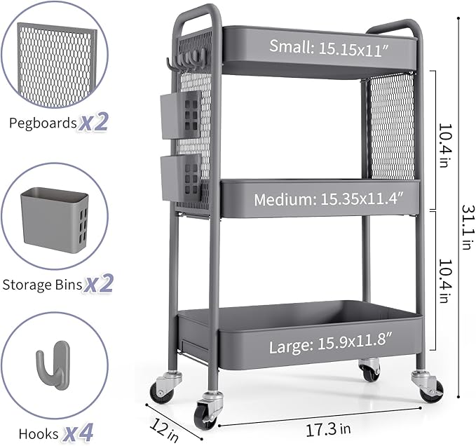 TOOLF 3 Tier Rolling Cart, Metal Utility Storage Cart with Pegboard, Grey | 2 Bins & 4 Hooks, Screwless Assembly, Lockable Wheels, Trolley Organizer for Bathroom, Kitchen, Office, Dorm, Craft Room
